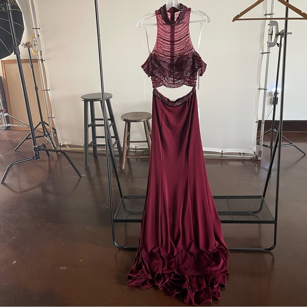 La Femme Red Halter Gown Sleeveless Prom Dress